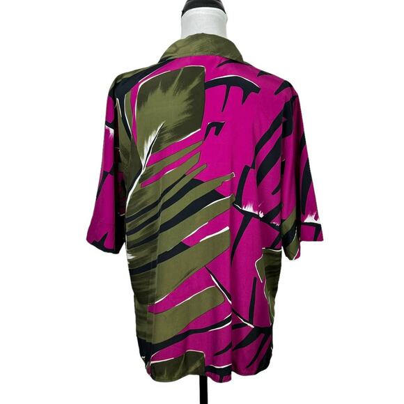 Rafaella Vintage Olive Green & Fuchsia Palm Print Short Sleeve Button Up Blouse - Picture 2 of 9